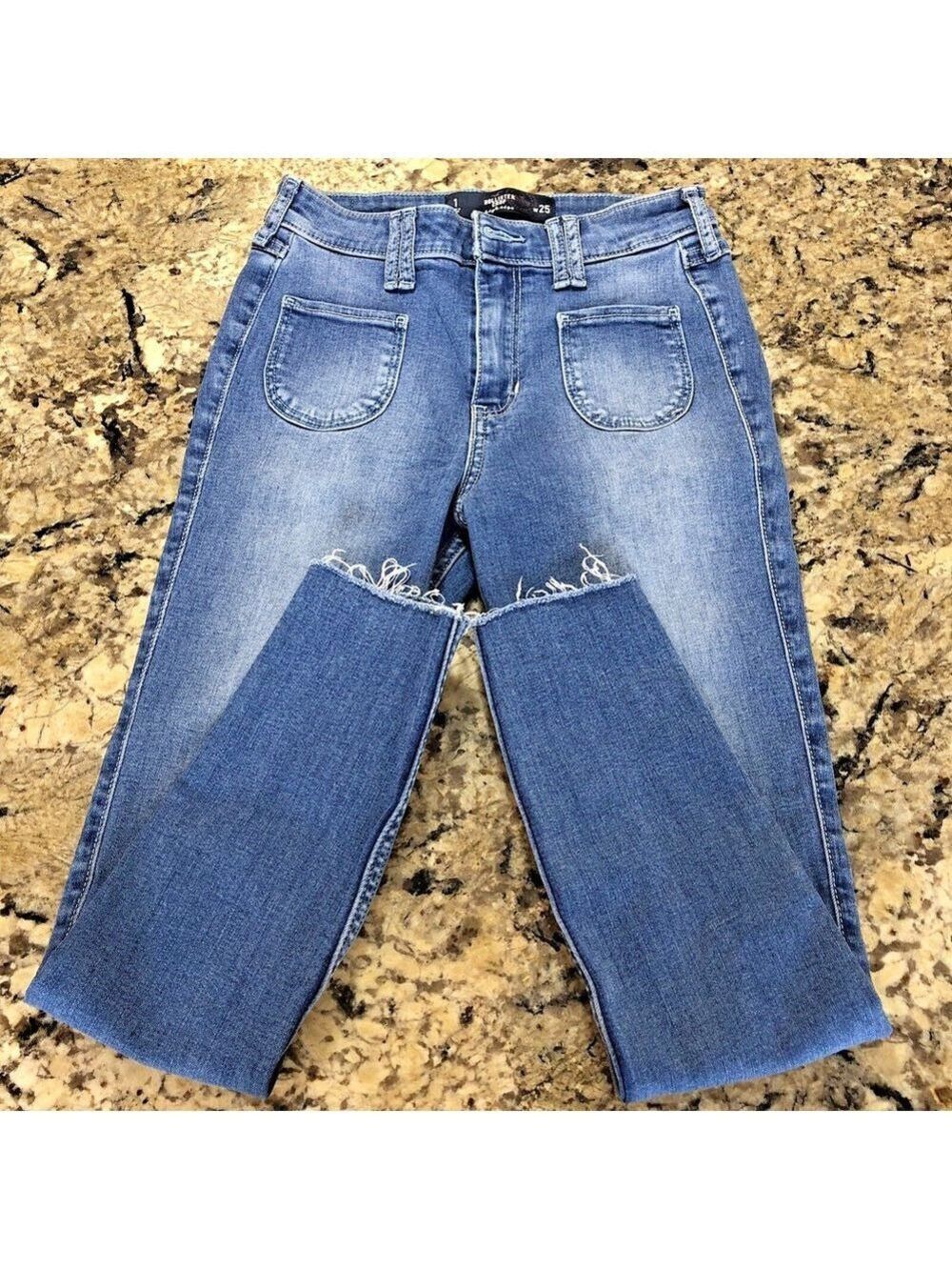 Size 1 X 24 Hollister Jeans Womens Crop High rise Tapered Stretchy Fringe Blue